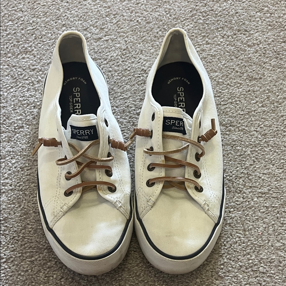 Sperry Off-White Canvas Shoes with Brown Laces